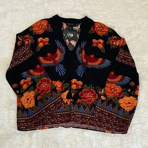 Rachel Zoe Long Sleeve Tie V-Neck Border Print Blouse